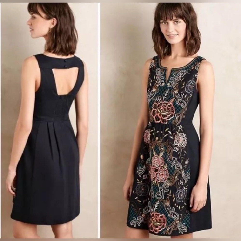 Anthropologie Moulinette Souers Black Floral Embroidered Dress size 4 - Picture 3 of 11